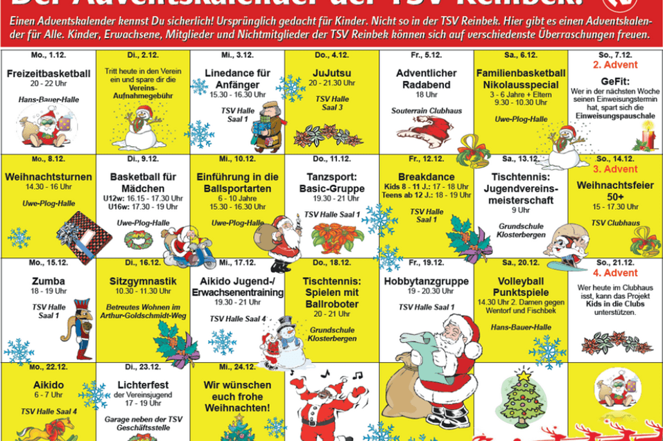 Adventskalender der TSV Reinbek In dem Kalender steht pro Tag ein freies Angebot, zu dem jeder an diesem Tag hingehen und mitmachen kann