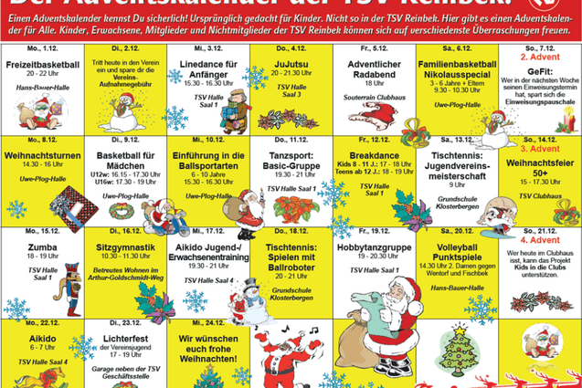 In dem Kalender steht pro Tag ein freies Angebot, zu dem jeder an diesem Tag hingehen und mitmachen kann
