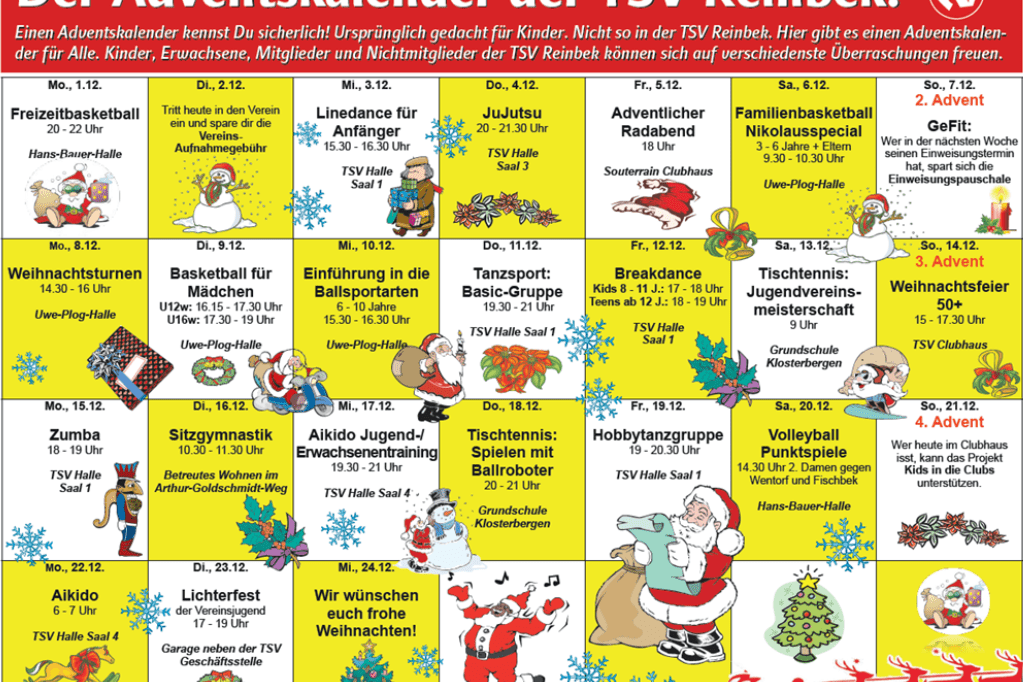 Adventskalender der TSV Reinbek In dem Kalender steht pro Tag ein freies Angebot, zu dem jeder an diesem Tag hingehen und mitmachen kann