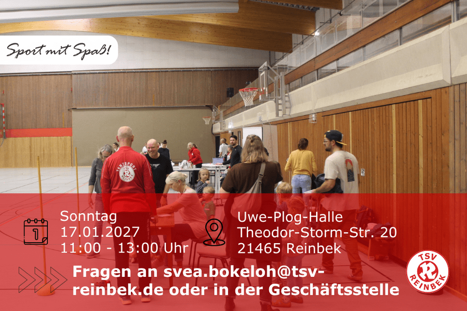 Sportmesse Personen stehen in der Halle an einem Stand. Bild enthält Orts- und Datumsangabe