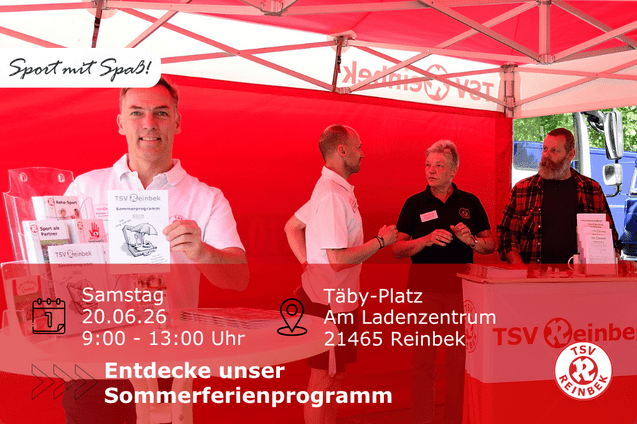 Mitarbeiter der TSV Reinbek stehen in einem roten Zelt. Eine Person h&auml;lt das Sommerferienprogramm in die Kamera