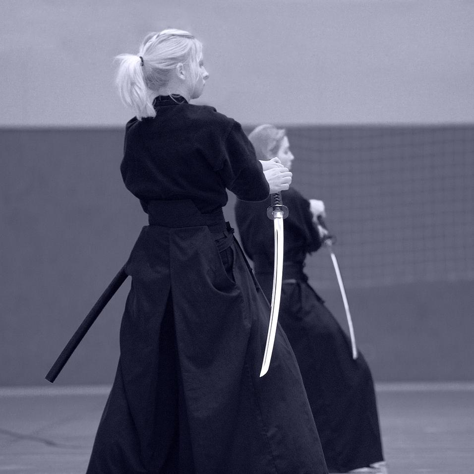 Trainingsaufnahme 2008 Zwei Frauen üben nebeneinander den Umgang mit Schwertern