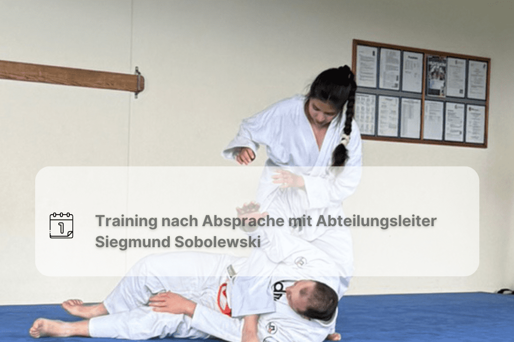 JuJutsu Prüfungsvorbereitung JuJutsu Kampf. Kmpfärin steht über am Boden liegenden Kämpfer. Inklusive Hinweis für Interessierte an der Prüfungsvorbereitung
