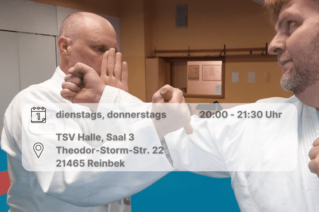 Ju-Jutsu Training Dienstag und Donnerstag Nahaufnahme zweier Ju-Jutsu Kämpfer, mit der Faust am jewils anderen Gesicht