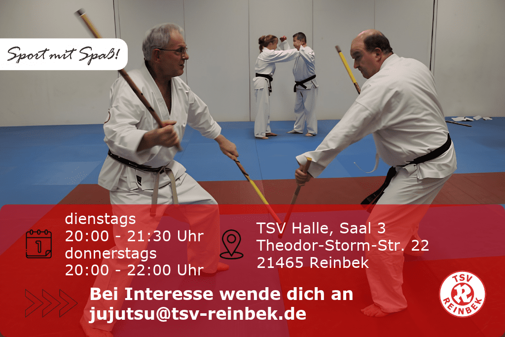 Ju-Jutsu K&auml;mpfer stehen sich mit St&ouml;ckern gegen&uuml;ber. Bild enth&auml;lt Orts- und Datumsangabe