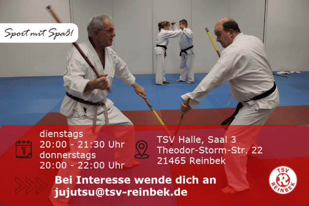 Ju-Jutsu K&auml;mpfer stehen sich mit St&ouml;ckern gegen&uuml;ber. Bild enth&auml;lt Orts- und Datumsangabe