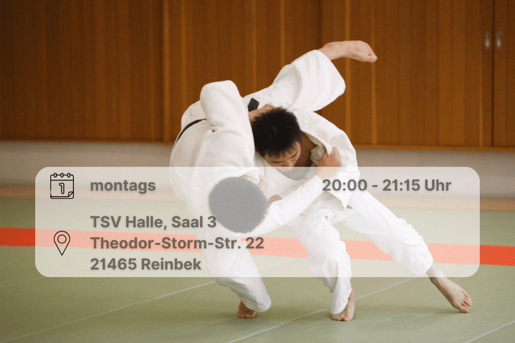 Judokämpfer Zwei Judoka kämpfen miteinander, einer ist im Fallen. Ort und Datum sind integriert.