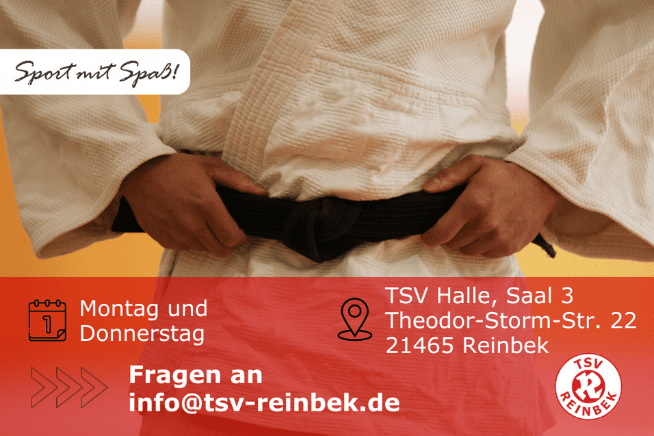 Judok&auml;mpfer steht mit H&auml;nden an dem G&uuml;rtel. Bildausschnitt reicht nur zu seiner Brust. in Judoanzug auf, inklusive Orts- und Datumsangabe