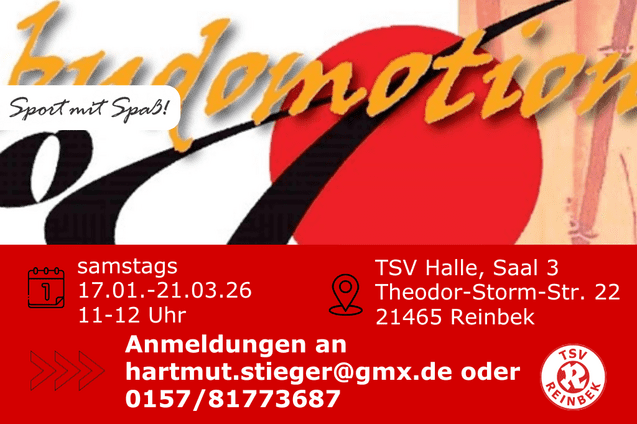 Schriftzug mit Budomotion. Männeken macht einen Karate-Kick. Bild enthält Orts- und Datumsangabe Ein