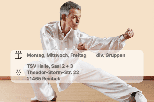 Sportler in Kung Fu Haltung (in der Hocke mit geballten Fäusten). Enthält Datums- und Ortsangaben.