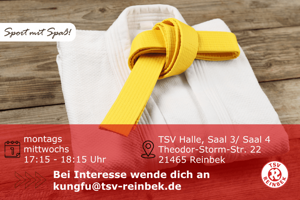 Kung Fu Anzug Trainingsmantel mit gelbem Gurt liegt zusammengefaltet auf dem Boden. Bild enthält Orts- und Datumsangabe