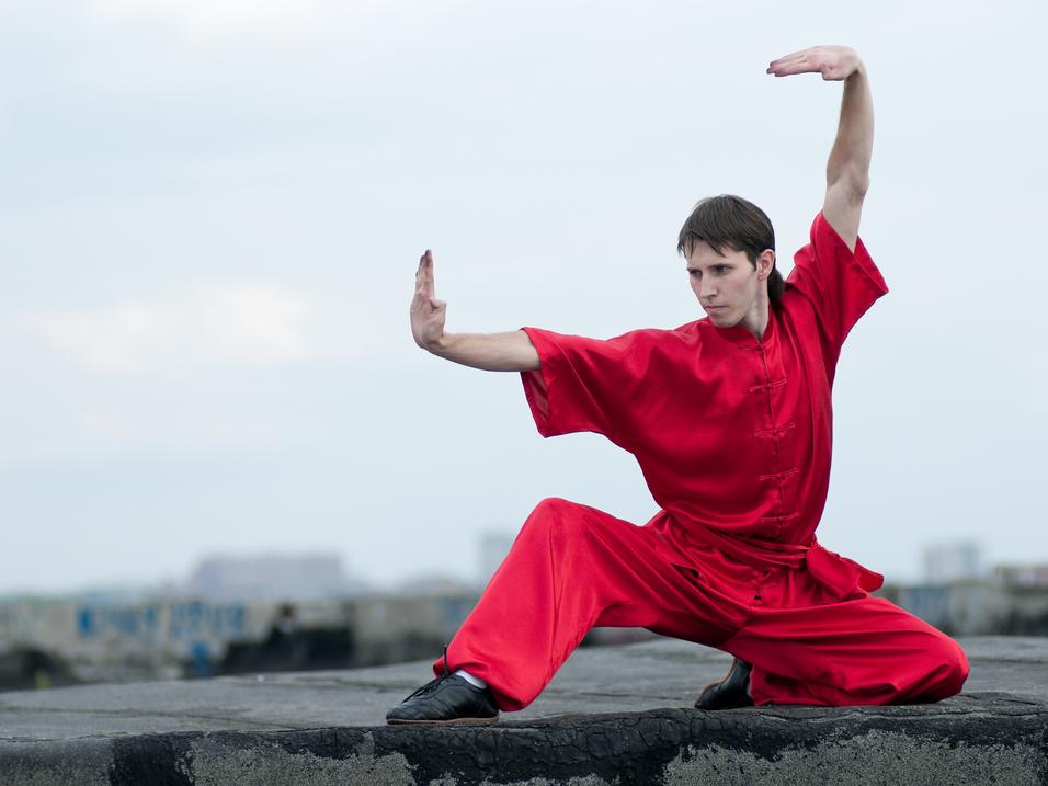 KungFu Kämpfer Kung Fu Kämpfer draußen in Kung Fu Haltung