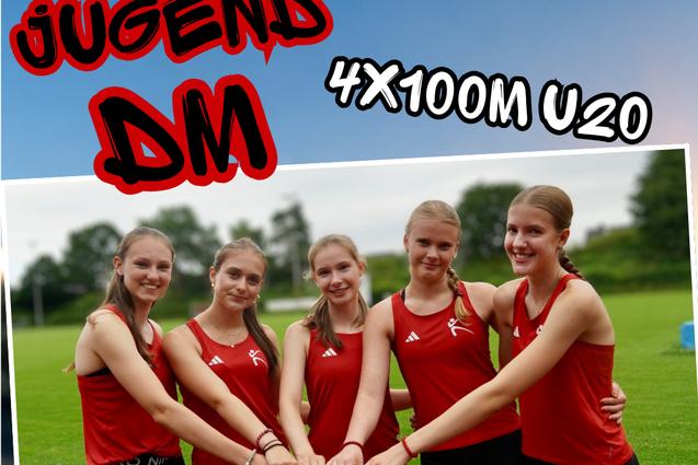 Die Athletinnen der LG Reinbek Ohe posieren mit einer Staffelstab f&uuml;r den Vorlauf bei den Deutschen Jugend Meisterschaften der Altersklasse U20 f&uuml;r die Disziplin 4x100 Meter