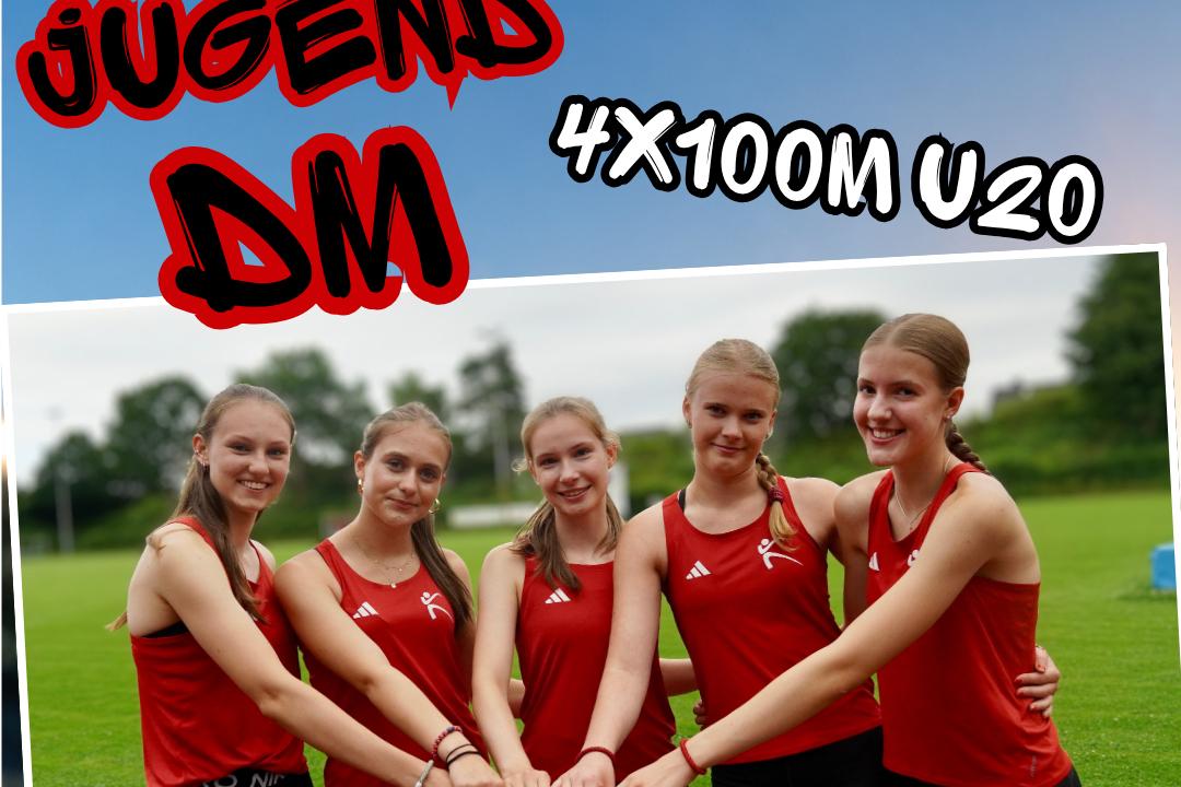 Deutsche Jugend Meisterschaften 4x100m Staffel U20 Die Athletinnen der LG Reinbek Ohe posieren mit einer Staffelstab für den Vorlauf bei den Deutschen Jugend Meisterschaften der Altersklasse U20 für die Disziplin 4x100 Meter