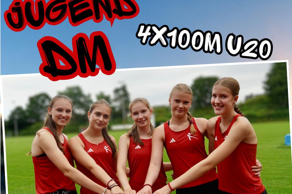 Deutsche Jugend Meisterschaften 4x100m Staffel U20 Die Athletinnen der LG Reinbek Ohe posieren mit einer Staffelstab für den Vorlauf bei den Deutschen Jugend Meisterschaften der Altersklasse U20 für die Disziplin 4x100 Meter