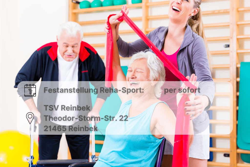 Stellenanzeige Rehabilitation Frau auf einem Stuhl streckt Widerstandsband in die Höhe. Dame hinter ihr stehend hilft dabei. Ebenfalls auf dem Bild: Senior geht mit einem Rollator inklsive Orts- und Datumsangabe.