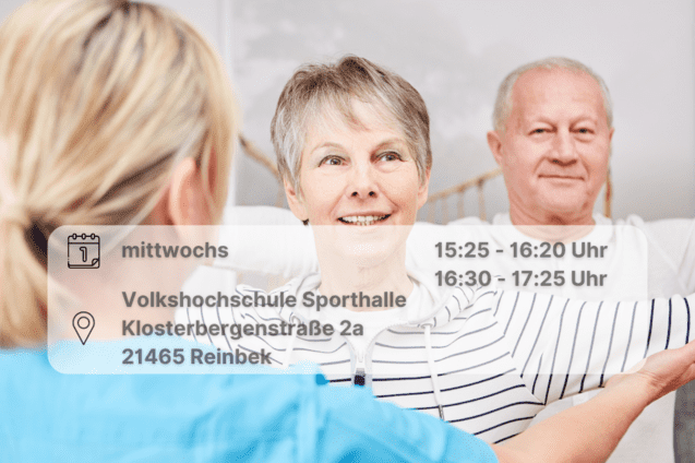 Frau und Mann strecken die Arme zur Seite auf Schulterh&ouml;he. &Auml;rztin st&uuml;tzt die Frau dabei. Inklusive Orts- und Datumsangabe