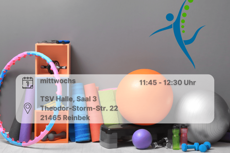 Reha Materialien aufgereiht vor einer grauen Wand. Enthält Ort- und Datumsangaben.