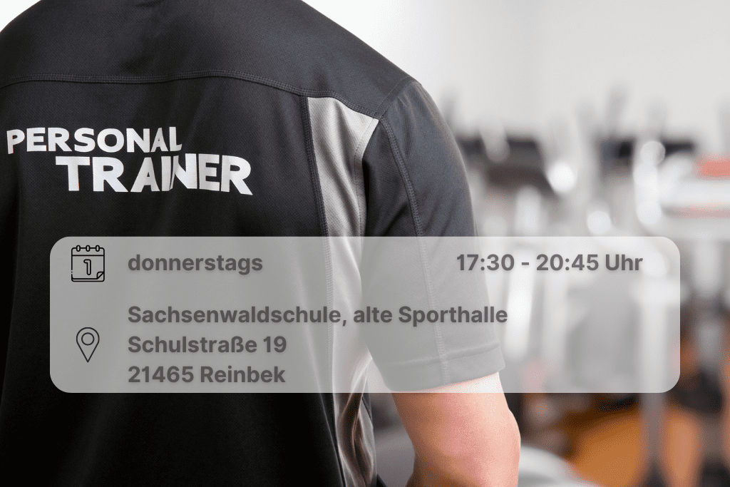 Übungsleiter Herzsport gesucht Rücken von Trainer, der ein T-Shirt trägt mit der Aufschrift "Personal Trainer". Enthält Orts- und Datumsangabe
