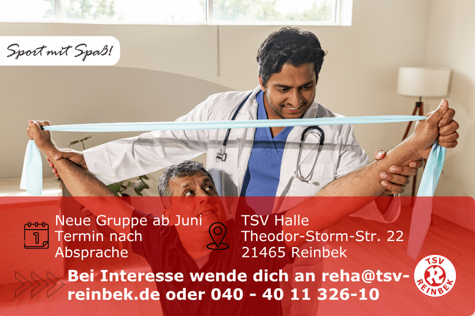 Neue Krebsnachsorge Gruppe ab Juni Mann hält sitzend Widerstandsband mit ausgestreckten Armen über seinen Schultern. Person in weißem Kittel steht dahinter und stützt ihn. Bild enthält Orts- und Datumsangabe