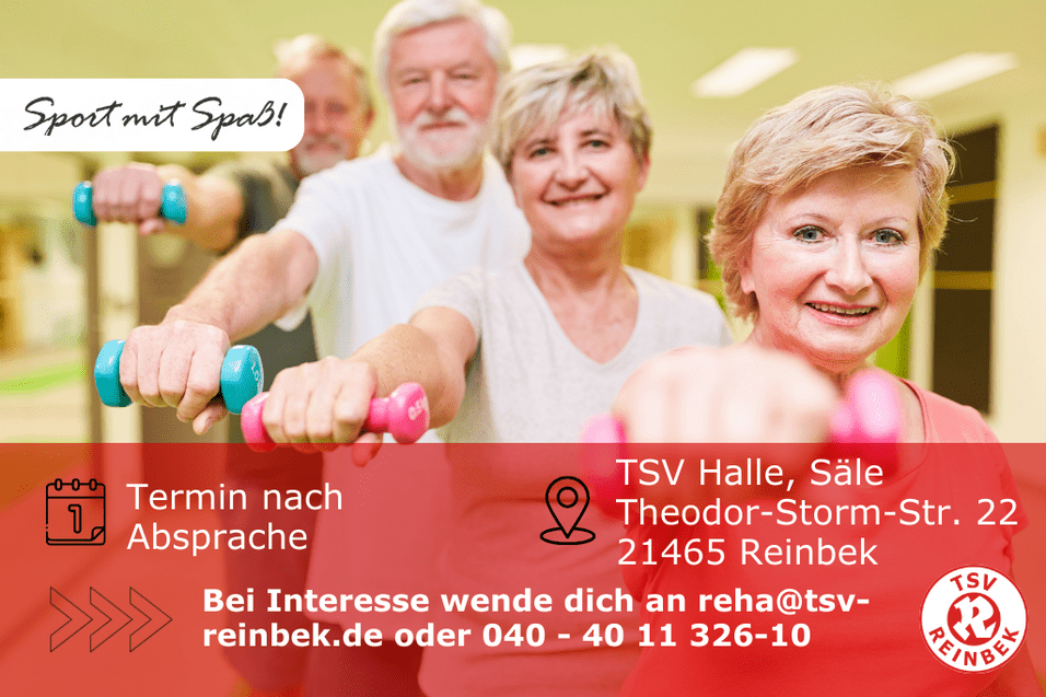 Rehabilitationssport Orthopädie Personen stehen hintereinander und halten den rechten Arm auf Schulterhöhe ausgestreckt. In ihrer rechten Hand halten sie jeweils eine Hantel. Bild enthält Orts- und Datumsangabe