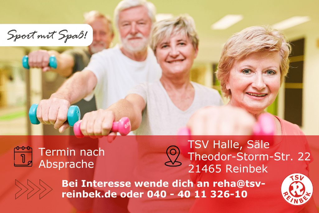 Rehabilitationssport Orthopädie Personen stehen hintereinander und halten den rechten Arm auf Schulterhöhe ausgestreckt. In ihrer rechten Hand halten sie jeweils eine Hantel. Bild enthält Orts- und Datumsangabe