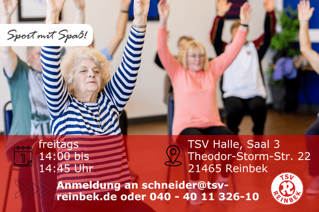 Senioren sitzen auf den St&uuml;hlen und recken ihre Arme in die H&ouml;he. Bild enth&auml;lt Orts- und Datumsangabe