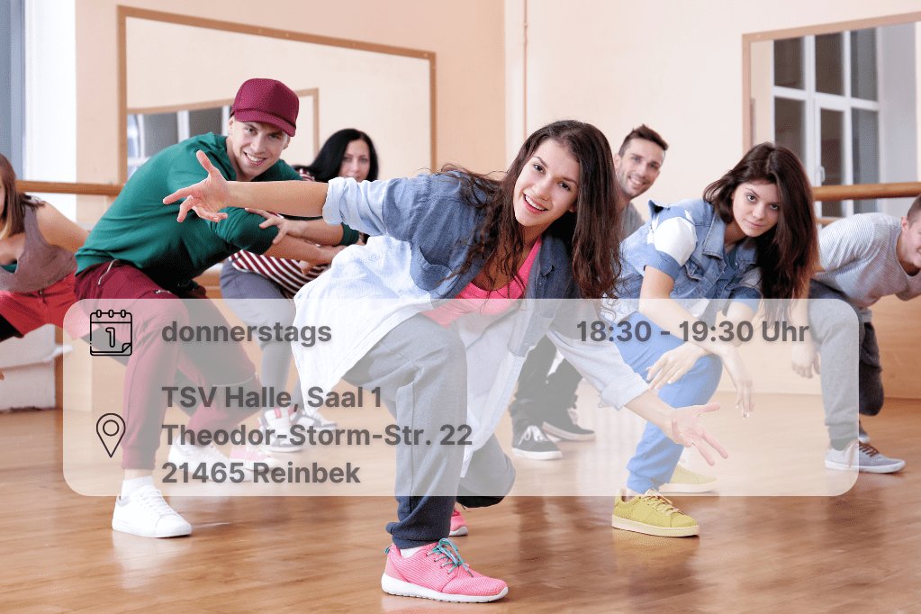 Hip Hop Teens Jugendliche in hockender Tanzpose in Formation. Enthält Orts- und Datumsangabe