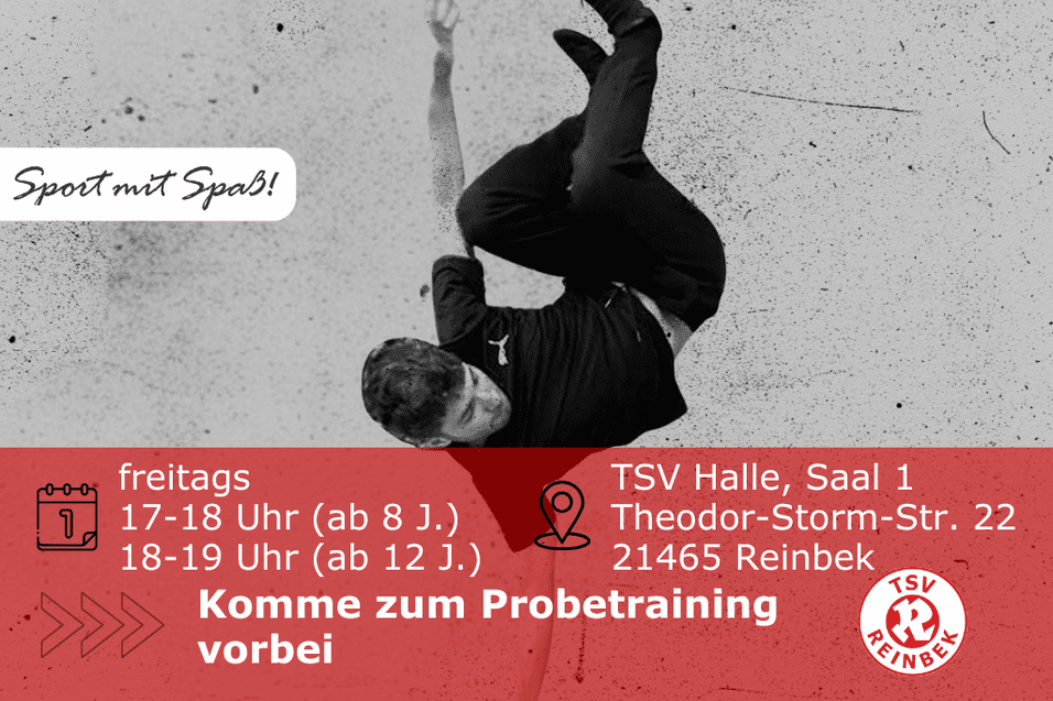 Breakdance Rustam Mammadov macht eine Breakdance Pose. Inklusive Orts- und Datumsangabe