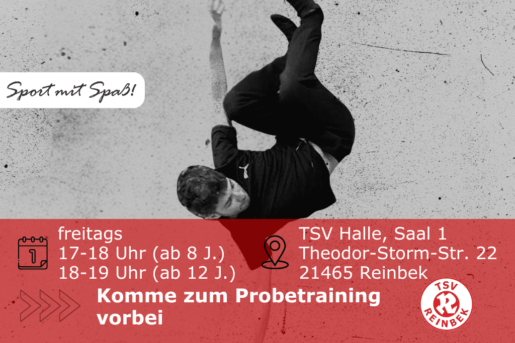 Rustam Mammadov macht eine Breakdance Pose. Inklusive Orts- und Datumsangabe