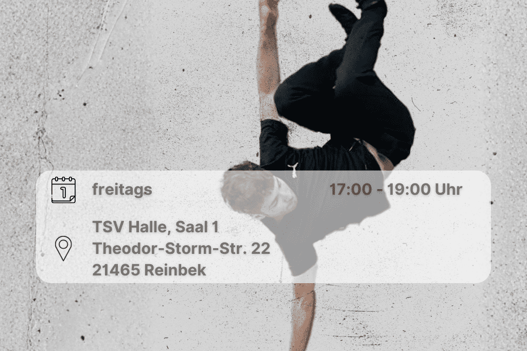 Breakdance Rustam Mammadov macht eine Breakdance Pose. Inklusive Orts- und Datumsangabe