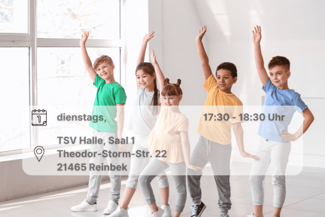 Tanzende Kinder nebeneinander. Inklusive Orts- und Datumsangabe