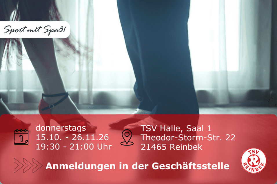 Tanzen Basic Gruppe Ein Tanzpaar, dessen Körper nur bis zur Kniehöhe abgebildet sind. Bild enthält Orts- und Datumsangabe