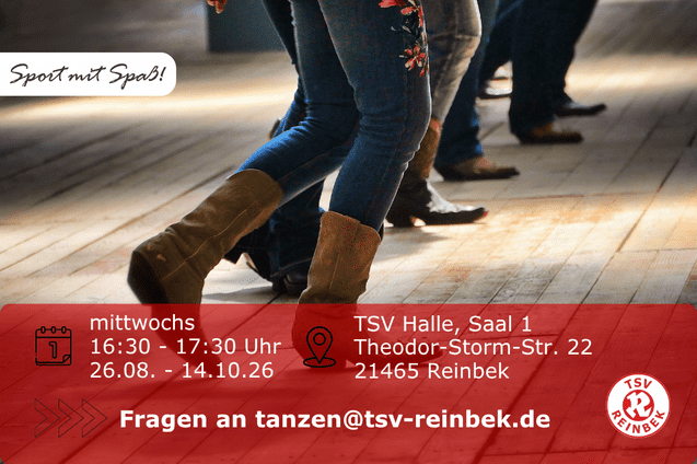 Personen in Jeans und Stiefeln tanzen in einer Reihe. Bild enth&auml;lt Orts- und Datumsangabe