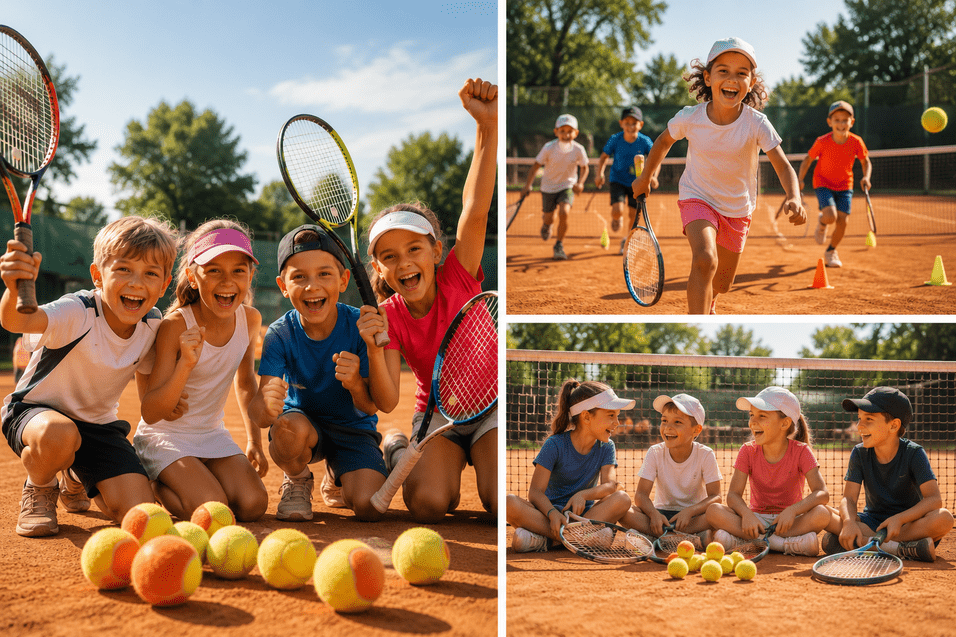 Kinder mit Tennisschlägern und Bällen