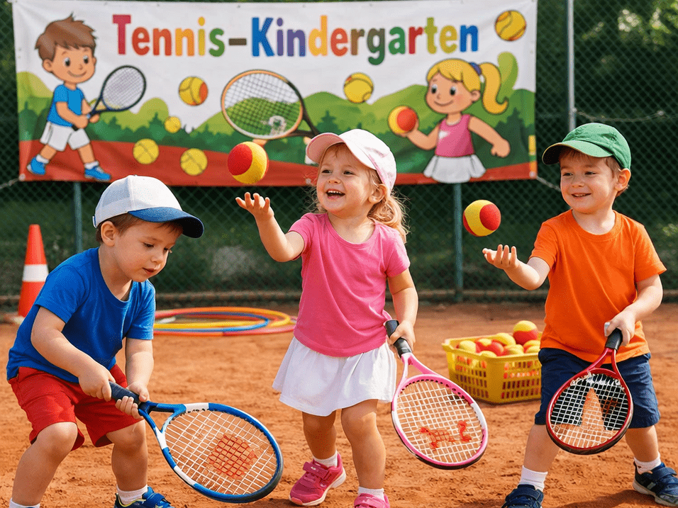 Kinder mit Schlägern und Bällen auf Tennissandplatz (KI-generiert)