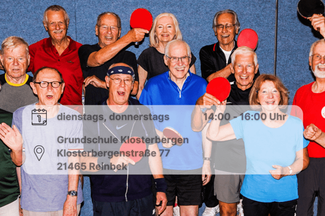 Gruppenbild der Tischtennis-Senioren mit Schlägern in der Hand, inklusive Datumsangabe.