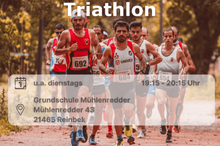Triathlon Eine Gruppe Triathleten läuft in bewaldetem Gebiet auf den Betrachter zu. Inklusive Orts- und Datumsangabe