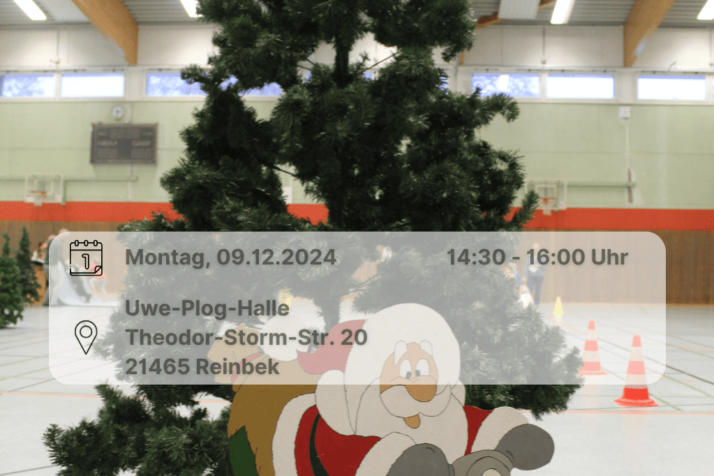 Weihnachtsturnen 2024 Künstlicher Tannenbaum sowie ein Weihnachtsmann. Enthält Orts- und Datumsangabe