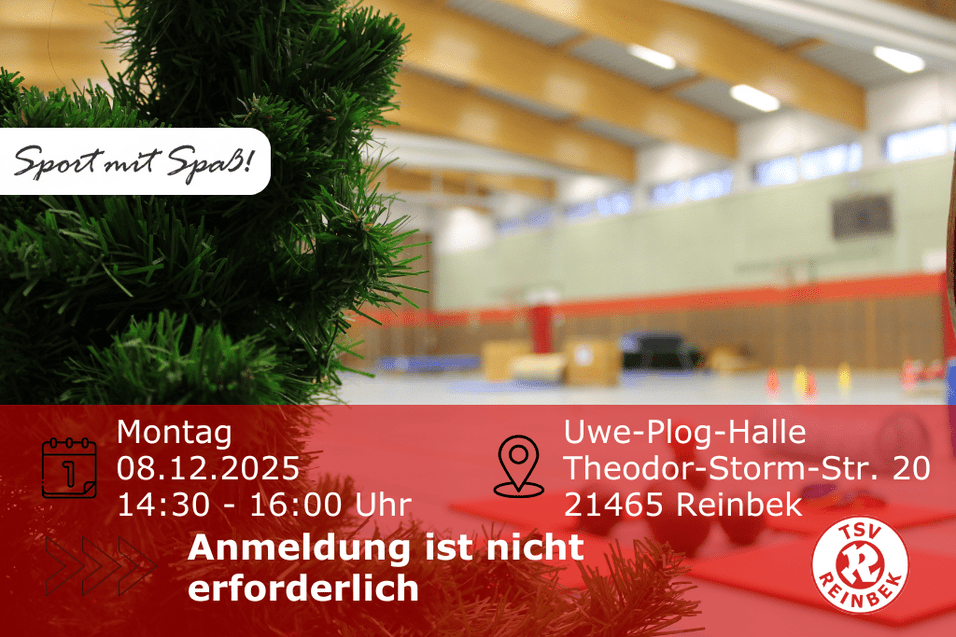 Weihnachtsturnen Tannenbaumzapfen im Vordergrund. Im Hintergrund verschwommen eine Turnhalle. Bild enthält Orts- und Datumsangabe