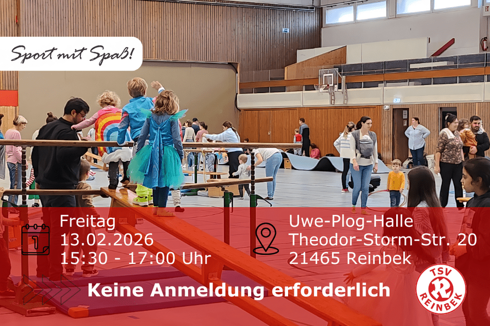 Faschingsturnen 2026 Turnhalle mit Kindern in Kostümen und erwachsenen Begleitpersonen sowie verschiedene Turngeräte. Bild enthält Orts- und Datumsangabe