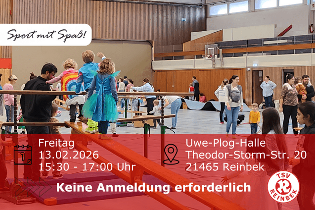 Turnhalle mit Kindern in Kost&uuml;men und erwachsenen Begleitpersonen sowie verschiedene Turnger&auml;te. Bild enth&auml;lt Orts- und Datumsangabe