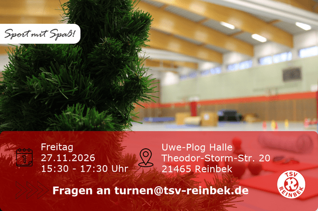 k&uuml;nstlicher Tannenbaum steht in einer Turnhalle. Die Turnhalle ist im Hintergrund. Bild enth&auml;lt Orts- und Datumsangabe