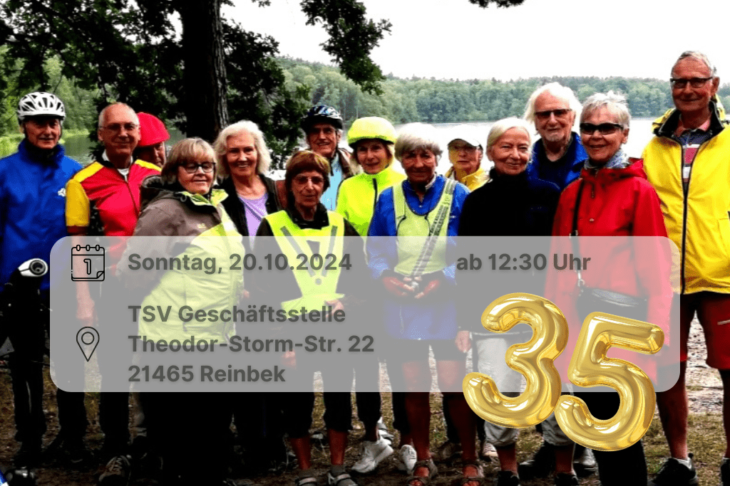 Jubiläums-Radtour 2024 Gruppenfoto von Personen, die sich vor einem Baum und einem See aufgereiht haben. Inklusive einer gelben 35 im Bild sowie Angebe eines Ortes und eines Datums