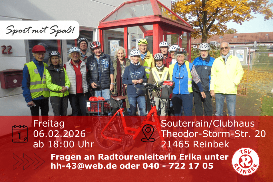 Radgruppe vor der Gesch&auml;ftsstelle. Inklusive Orts- und Datumsangabe