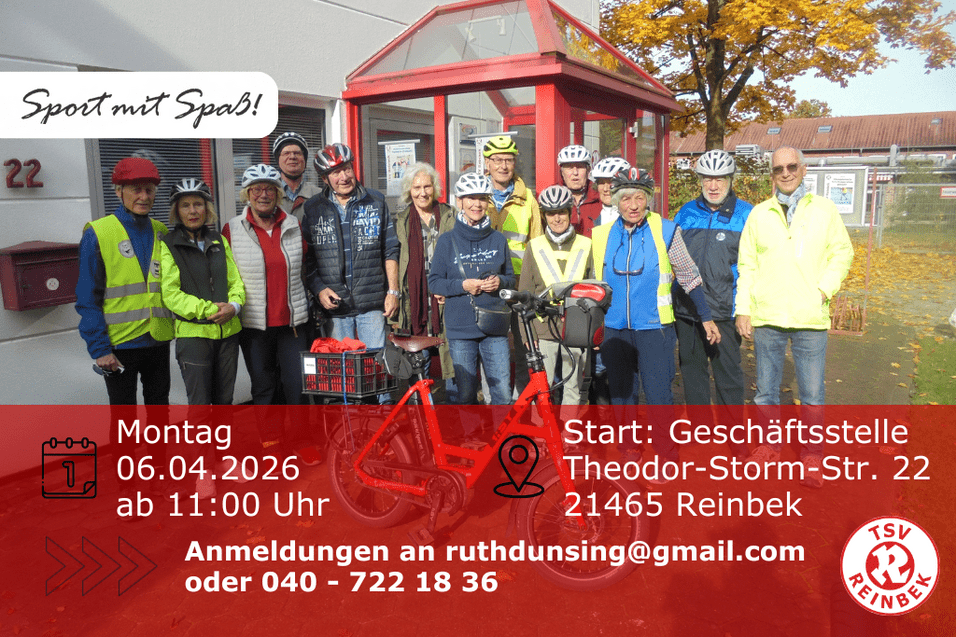 Radgruppe vor der Gesch&auml;ftsstelle. Inklusive Orts- und Datumsangabe