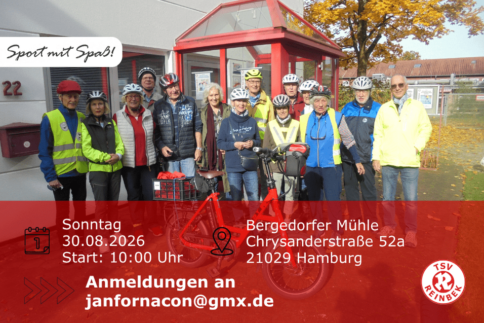 Radgruppe Vier Mühlen Tour Radgruppe vor der Geschäftsstelle. Inklusive Orts- und Datumsangabe