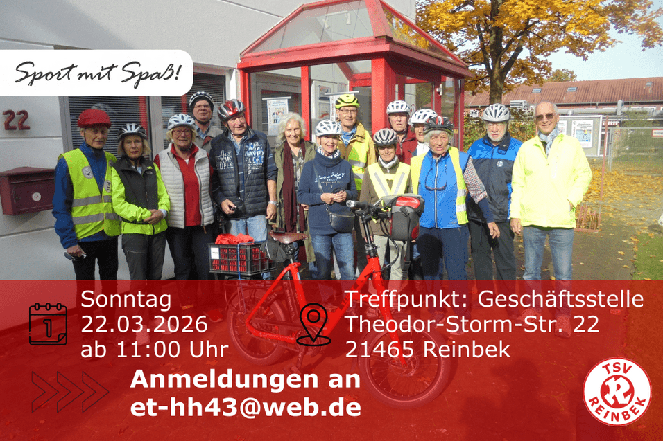 Radgruppe vor der Gesch&auml;ftsstelle. Inklusive Orts- und Datumsangabe