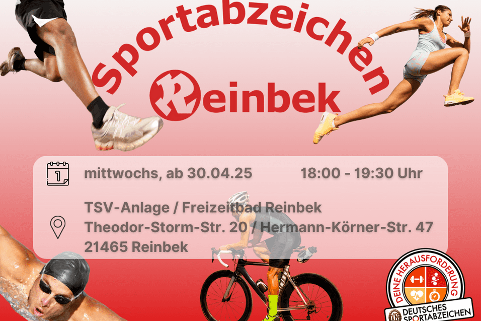 Sportabzeichen ein Schwimmer, Radfahrerin, Läufer und eine Springerin auf rot weißem Hintergrund. Inklusive Orts- und Datumsangabe