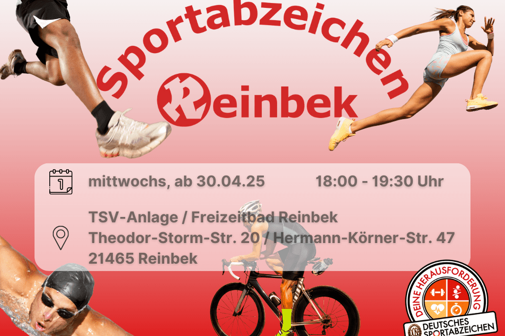 Sportabzeichen ein Schwimmer, Radfahrerin, Läufer und eine Springerin auf rot weißem Hintergrund. Inklusive Orts- und Datumsangabe